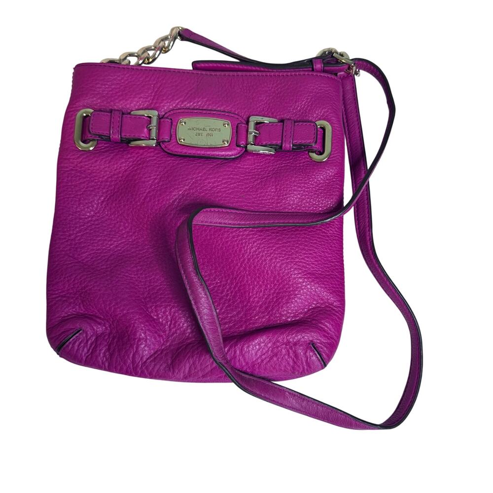 Michael Kors Bedford Fuchsia Pink Pebbled Leather Crossbody Bag Gold Buckle